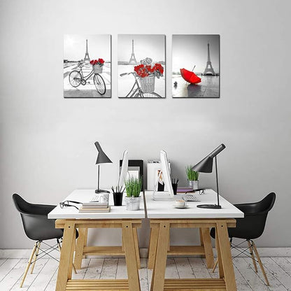red Flowers 3 Piece Canvas Print Wall Art for Living Room Bathroom Decorations Bedroom Wall decor modern Eiffel Tower umbrella Office Home Decoration wall paintings Black and white bicycle landscape