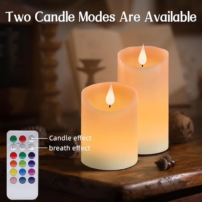 LEDHOLYT Flameless Candle RGB Set, Flickering LED Pillar Real Wax Candle with Remote Control and Timer, Upgraded Blue Flame Heart, Built-in Battery Rechargeable Flameless Candle, 1 Set of 3