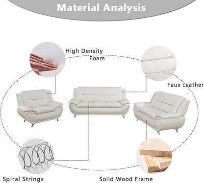 Creamy White Leather Couches for Living Room, Living Room Furniture Sets, Sofa and Loveseat Set, Sofa Couch Set for Bedroom, Office (b-Creamy White, Sofa+Loveseat+Chair)