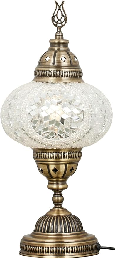 DEMMEX – 7" Large Globe Turkish Moroccan Mosaic Table Lamp, Handcrafted Tiffany-Style Colorful Glass Bedside, Desk & Table Light, Artisan Decor for Living Room or Bedroom, 14" H (White&Clear)