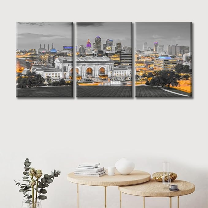 3 Pieces Kansas City Missouri Skyline Wall Decor for Living Room American Cityscape Artwork Wall Decor for Bedroom Giclee Wooden Framed Gallery-Wrapped Ready to Hang (36" Wx16 H)