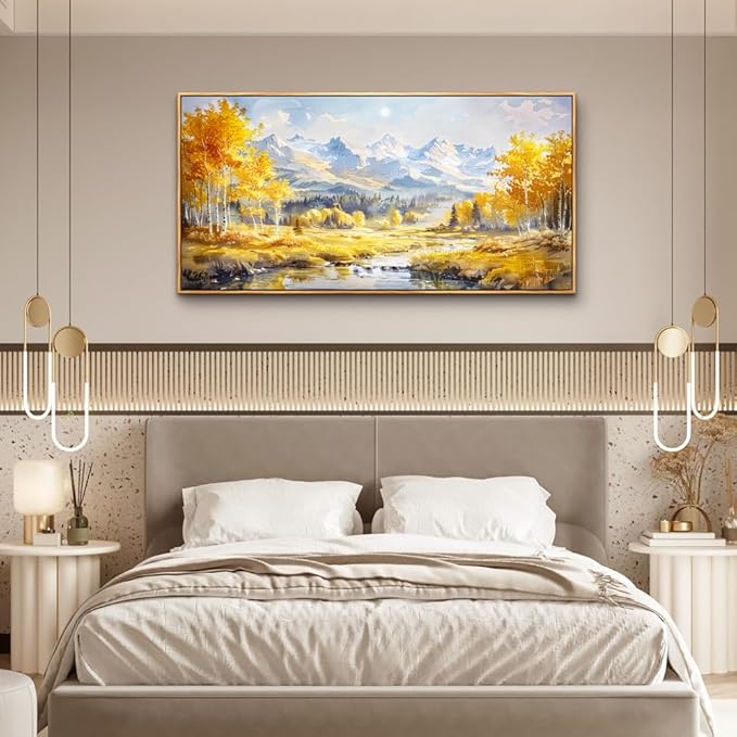 ZUITINGHUA Wood Framed Canvas Wall Art For Living Room Wall Decor For Bedroom Office Wall Decorations Yellow Tree Landscape Paintings Mountain Pictures Artwork Room Aesthetic Home Decor 20x40 In