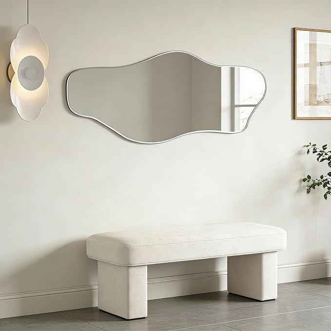 Irregular Wall Mirror, 60"x24" Large Asymmetrical Tempered Glass Mirror, Modern Silver Organic Frameless Mirrors for Living Room Bedroom Hallway Entryway, Horizontal or Vertical Hanging