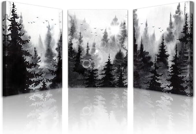 3-Piece Modern Abstract Art Prints, Black and White Forest Scenery, Canvas Wall Art for Living Room, Bedroom, Office, Home Wall Decor