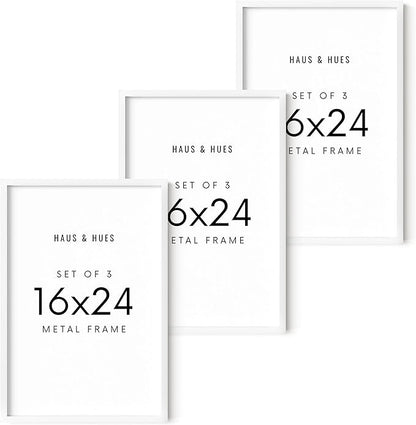 HAUS AND HUES 16x24 White Aluminum Frame Set of 3 - Premium Build, Vertical & Horizontal Hanging, Shatterproof Plexiglass (16x24 in, White)