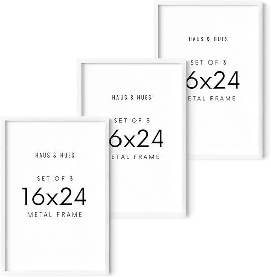 HAUS AND HUES 16x24 White Aluminum Frame Set of 3 - Premium Build, Vertical & Horizontal Hanging, Shatterproof Plexiglass (16x24 in, White)