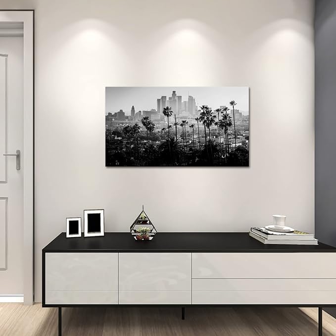 FuShvre City Canvas Wall Art Los Angeles Downtown Picture Print Black and White LA Cityscape Painting for Wall Decor Framed 20"x 36"