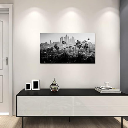 FuShvre City Canvas Wall Art Los Angeles Downtown Picture Print Black and White LA Cityscape Painting for Wall Decor Framed 20"x 36"