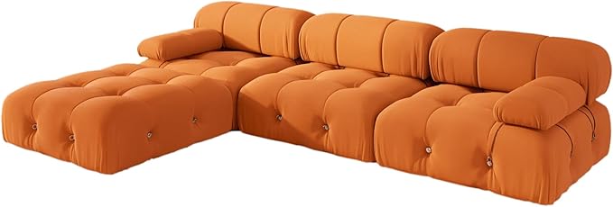 104'' Modular Sectional Sofa, L-Shaped Velvet Modular Couch with Reversible Chaise Ottoman, Modern Cloud Sectional Couches for Living Room, Apartment (3 Seats, 1 Ottoman, Orange) ﻿