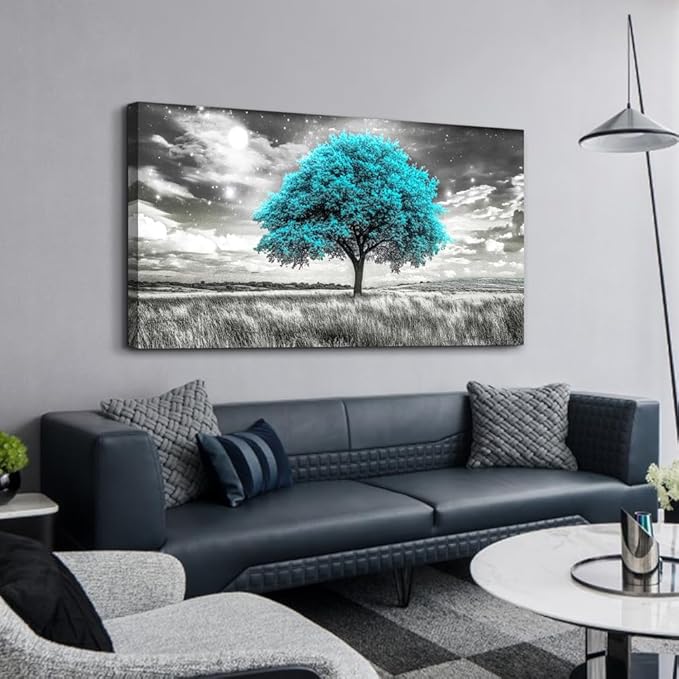 KELIYUAN Large Canvas Wall Art For Living Room Wall Decor For Bedroom Corridor Blue Tree Natural Scenery Full Of Stars Black And White Modern Printing Dining Room Kitchen Home Decoration 30 "X 60"