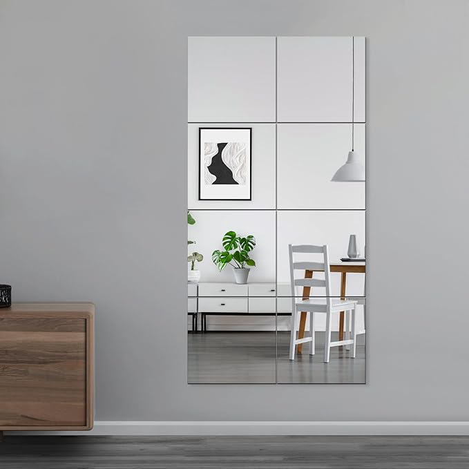 EVENLIVE® Full Body Mirror Tiles, Frameless Length Wall Mirror, for Home Gym, Door, Bedroom, Easy to Install 12 Inch x 8 PCS（Glass）