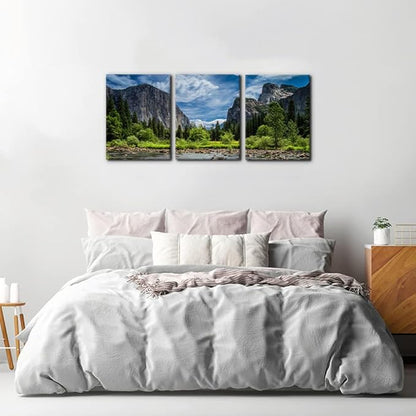 Pacimo 3 Pieces Green Wall Art Painting Yosemite National Park Clear Water Lake Mountain Trees Rocks Pictures Prints On Canvas Landscape Wall Decor for Home Modern Decoration Print - 12"x16"x3 Panel