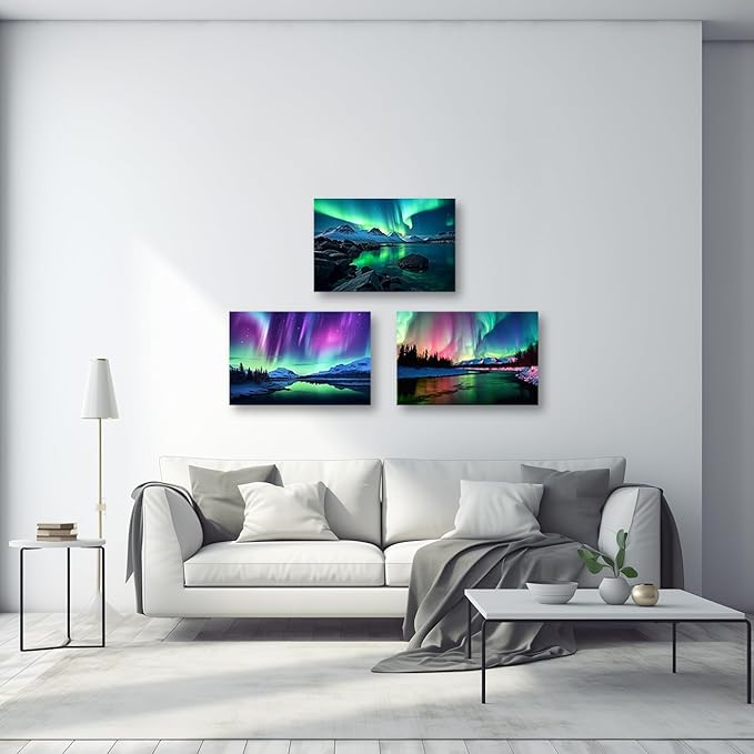 CCWACPP Aurora Borealis Canvas Wall Art 3 Panels Northern Lights Wall Decor Forest Lakes Snow Mountain Pictures Print Decor Frame (Aurora Borealis - 3, 20x28inchx3Pcs)