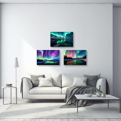 CCWACPP Aurora Borealis Canvas Wall Art 3 Panels Northern Lights Wall Decor Forest Lakes Snow Mountain Pictures Print Decor Frame (Aurora Borealis - 3, 11x14inchx3Pcs)