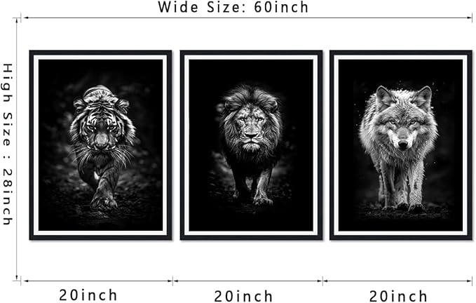 Wildlife Predator Framed Canvas Wall Art Black and White Tiger Lion Wolf Portrait Picture Wall Decor Majestic Animals Print Artwork for Country House Office Decoration Easy to Hand 16x24inchx3pcs
