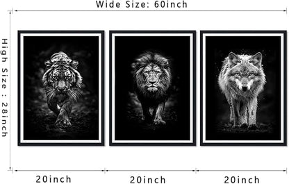 Wildlife Predator Framed Canvas Wall Art Black and White Tiger Lion Wolf Portrait Picture Wall Decor Majestic Animals Print Artwork for Country House Office Decoration Easy to Hand 16x24inchx3pcs