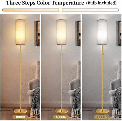 Ldeco Modern Floor Lamp for Living Room, Gold Standing Lamps with 3 Color Temperatures Bulb, Minimalist Tall Lamp with Chain Switch for Bedroom, LED Bulb Included(Beige Shade+Gold)