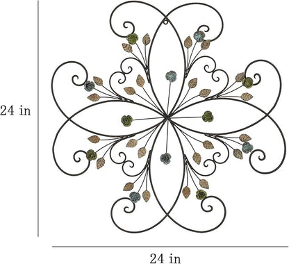 KUWIVO Lechesis 24" Metal Flower Scroll Wall Art Decor Sculptures with Rust Leaf for Living Room Bedroom