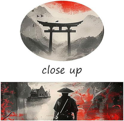 Japan Samurai and Full Moon Pictures Wall Art Japanese Theme Painting Canvas Prints Bushido Posters Japanese Landscape Artwork Home Decor Framed for Living Room Bedroom Office (12''W x 16''H)