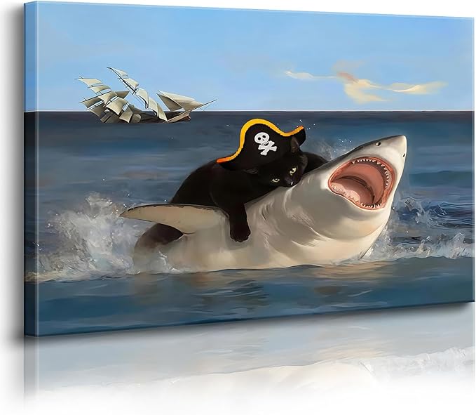 Funny Cat Biting Shark Posters, Interesting Animal Shark Wall Art, Quirky Pirate Black Cat Pictures, Whimsical Animal Paintings Wall Art, Art Prints for Bathroom Living Room Bedroom Washroom 12x16 Inches. Unframed