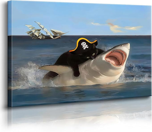 Funny Cat Biting Shark Posters, Interesting Animal Shark Wall Art, Quirky Pirate Black Cat Pictures, Whimsical Animal Paintings Wall Art, Art Prints for Bathroom Living Room Bedroom Washroom 12x16 Inches. Unframed