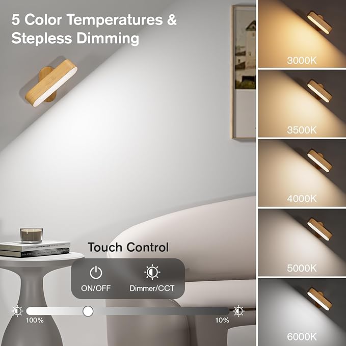 Hensam Wall Sconce, LED Battery Operated Wall Sconce for Bedroom, Rechargeable Wireless Wall Light for Picture, 5 Color Modes Stepless Dimmable Wall Lamp for Living Room, Reading
