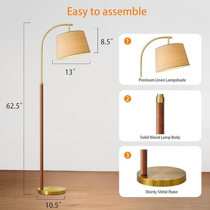 G-SAFAVA Real Wood Floor Lamps for Living Room Bedroom, 62.5" Mid Century Modern Lamp Gold Standing Tall Arc Lamps with Foot Switch, Floor Lamps for Nursery Office Decor Corner Reading Room Light