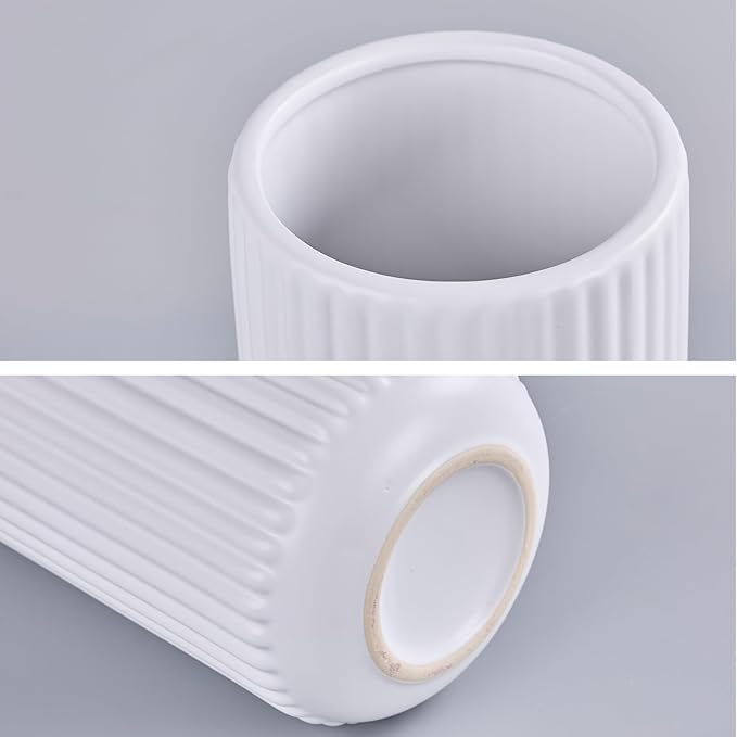 TIMEFOTO White Ceramic Flower Vase for Pampas Grass, 6 inch Small Decorative Centerpiece Ribbed Vase for Dining Table, Office Desktop, Shelf Bookshelf, Mantel, Bathroom, Countertop, Farmhouse, Gift