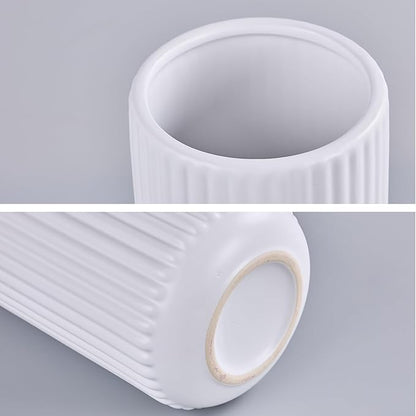 TIMEFOTO White Ceramic Flower Vase for Pampas Grass, 6 inch Small Decorative Centerpiece Ribbed Vase for Dining Table, Office Desktop, Shelf Bookshelf, Mantel, Bathroom, Countertop, Farmhouse, Gift