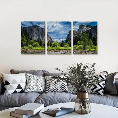 Pacimo 3 Pieces Green Wall Art Painting Yosemite National Park Clear Water Lake Mountain Trees Rocks Pictures Prints On Canvas Landscape Wall Decor for Home Modern Decoration Print - 12"x16"x3 Panel