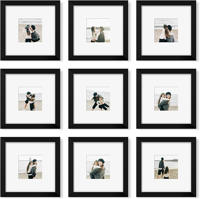 YESKAY 8x8 Picture Frame Set of 9, Photo Gallery Wall Frame Set, Display Pictures 4x4 with Mat or 8 x 8 Without Mat, Square Frame Picture Frames Collage Wall Decor, Black