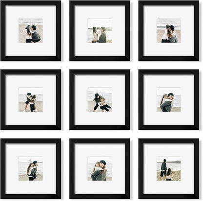 YESKAY 8x8 Picture Frame Set of 9, Photo Gallery Wall Frame Set, Display Pictures 4x4 with Mat or 8 x 8 Without Mat, Square Frame Picture Frames Collage Wall Decor, Black