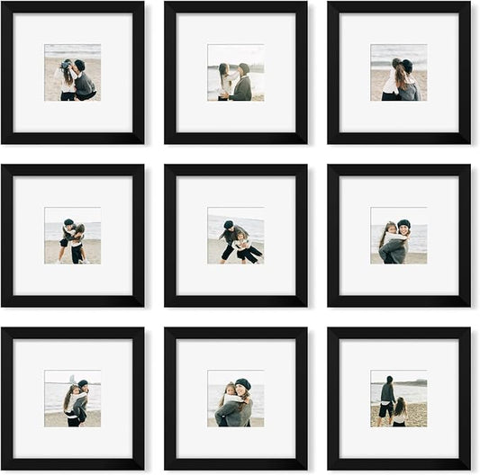 YESKAY 8x8 Picture Frame Set of 9, Photo Gallery Wall Frame Set, Display Pictures 4x4 with Mat or 8 x 8 Without Mat, Square Frame Picture Frames Collage Wall Decor, Black