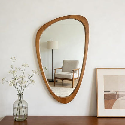 Irregular Wall Mirror Asymmetrical Bathroom Mirror, 19 x 30 Inch Wall Mounted Decorative Mirror with Wooden Frame for Living Room, Vanity, Bedroom, Entryway, Hallway