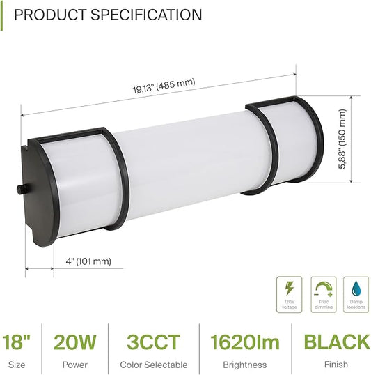 ASD LED 18" Vanity Flush Mount Light Fixture, Linear Bathroom Lighting Bar | 3CCT, Dimmable, Energy Star, ETL Listed | 20W 1650LM 3000-5000K 120V | Long Tube Bath Wall Sconce Over Mirror | Black