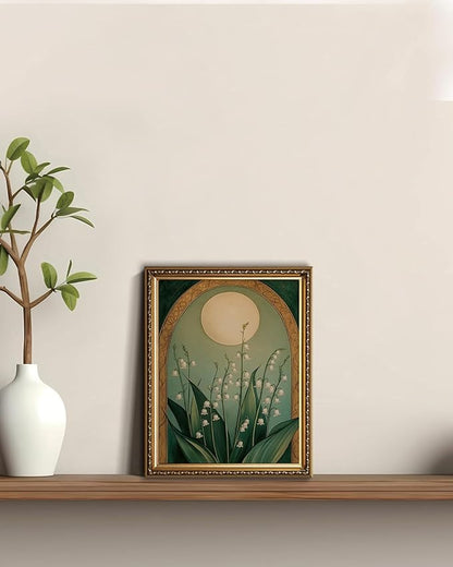 WZGZXU Vintage Gold Framed Wall Art Nouveau Botanical Wall Decor Lily Of The Valley Canvas Art Boho Pictures Floral And Moon Painting Moody Flowers Prints For Living Room Bedroom Bathroom