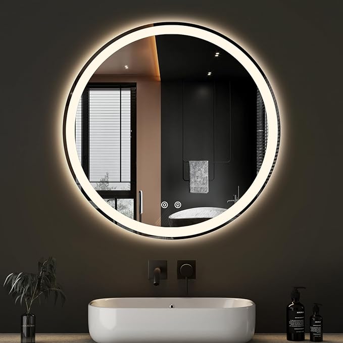 DUMOS 30 Inch Round LED Bathroom Mirror with Lights, Circle Vanity Mirror with Anti-Fog, Dimmable, 3-Color Light, Front Light and Backlit, Memory Function, Tempered Glass