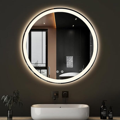 DUMOS 30 Inch Round LED Bathroom Mirror with Lights, Circle Vanity Mirror with Anti-Fog, Dimmable, 3-Color Light, Front Light and Backlit, Memory Function, Tempered Glass