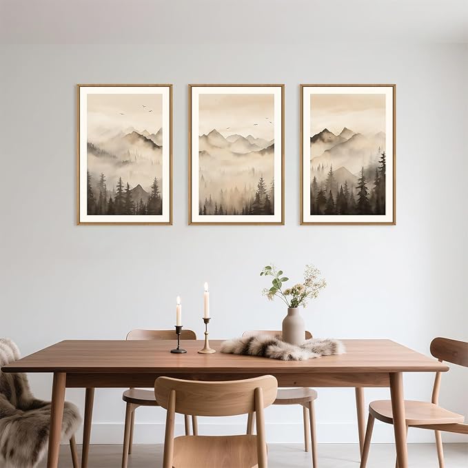 Nature Misty Forest Framed Canvas Wall Art Set, Foggy Landscape Wall Decor, Watercolor Pine Tree Wall Painting, Large Mountains Art Print for Living Room, Bedroom, Office - 24"X36"X3