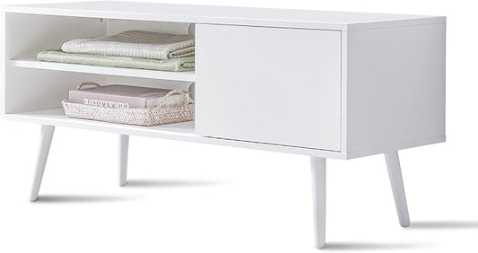 Cozy Castle TV Stand for 48-55 Inch TV, Mid Century Modern Entertainment Center with Storage Cabinet, TV Media Console with Charging Station for Living Room (White, 43.3" W x 15.7" D x 19.5" H)