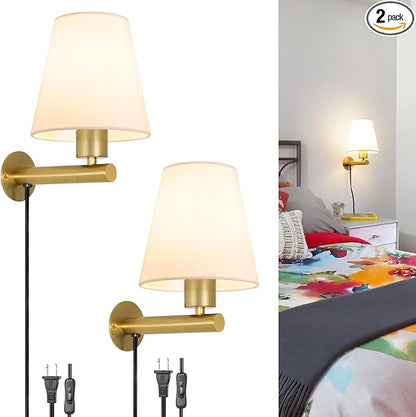 Gold Plug in Wall Sconces Set of Two, Brass Wall Sconce Lights for Bedroom Plug in, Wall Lamp with On/Off Switch Cord, Bedside Plugged Wall Mounted Light with Fabric Linen, Wall Decor for Living Room