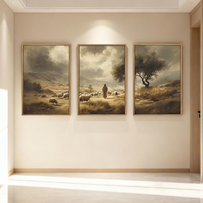 HPNIUB Jesus Leaves the 99 Sheep Framed Wall Art Set,Lost Lamb Religious Wall Decor,Neutral Christian Scripture Art Print,Vintage Inspiring Good Shepherd Artwork for for Church Room Christian Faith Gift-16''x24''x3