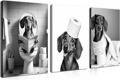 Funny Dachshund Dog Wall Art Set of 3, Dachshund Bathroom Wall Decor Paintings, Black and White Dog Pictures Animal Canvas Posters Prints for Bathroom Restroom Home Decor Framed 16x24 Inch
