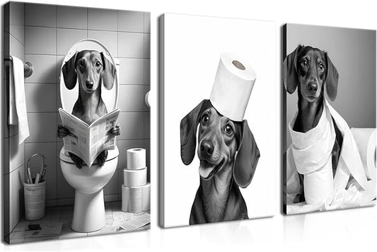 Funny Dachshund Dog Wall Art Set of 3, Dachshund Bathroom Wall Decor Paintings, Black and White Dog Pictures Animal Canvas Posters Prints for Bathroom Restroom Home Decor Framed 12x16 Inch