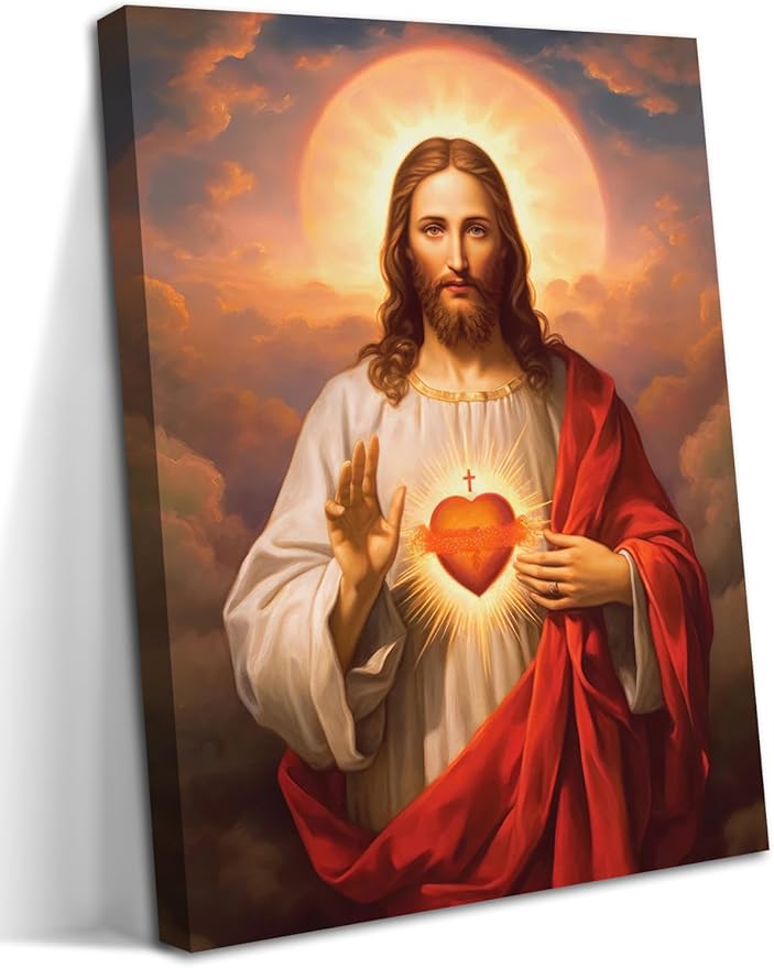 Jesus Sacred Heart Christian Wall Art, Divine Mercy Canvas Paintings Prints Posters Wall Decor, Christ Jesus Portrait Home Decor for Living Room Dining Room Prayer Room Decor 24x36 in Framed