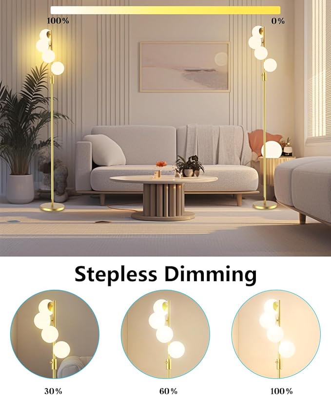 Lightdot 64IN Dimmable Globe Floor Lamp, Gold Standing Lamps with 4PCS 3000K Bulbs Warm White, Mid Century Modern Floor Lamp with 5Lbs Heavy Base for Living Room/Bedroom/Sofa Beside/Corner Decor