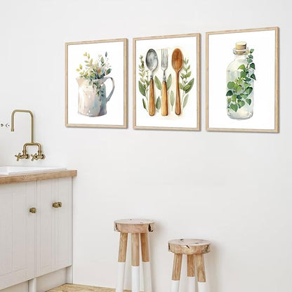 YFvrPt Boho Kitchen Wall Decor Set of 3 Dining Room Canvas Poster Kitchen Sage Green Plants Botanical Prints Eucalyptus Leaves Wall Art Minimalist Dining Room Pictures Artwork Unframed 12x16 inch