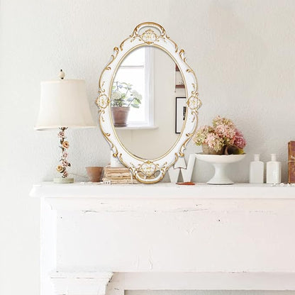 Eaoundm 14.5 x 10 inchs Oval Antique Decorative Wall Mirror Vintage Hanging Mirror (White 2 Pcs)