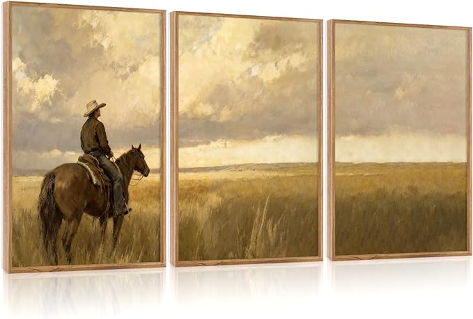 Aurlan Western Cowboy Framed Wall Art(16"x24"), 3PCS Vintage Neutral Southwestern Horse Riding Canvas Artwork, Mid Century Modern Ranch Gobi Desert Landscape Decor for Man Cave Bedroom