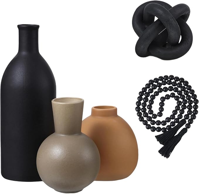 5 Pieces Country Style Ceramic Vase Set Table Centerpieces for Living Room 3 Pcs Bohemian Style Ceramic Vases with Wood Knot Chain Rings, Wooden Bead Garland Tassel Table Decor(Black)